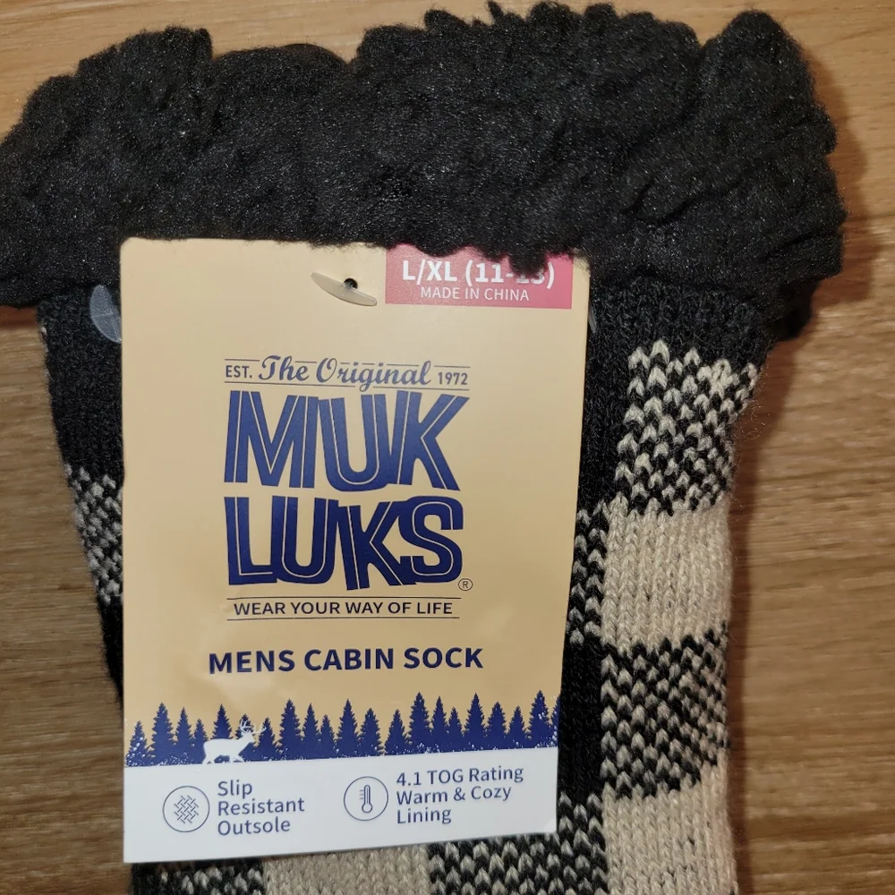 MUK LUKS Mens Cabin Socks Black Beige Size L/XL 11-13 New